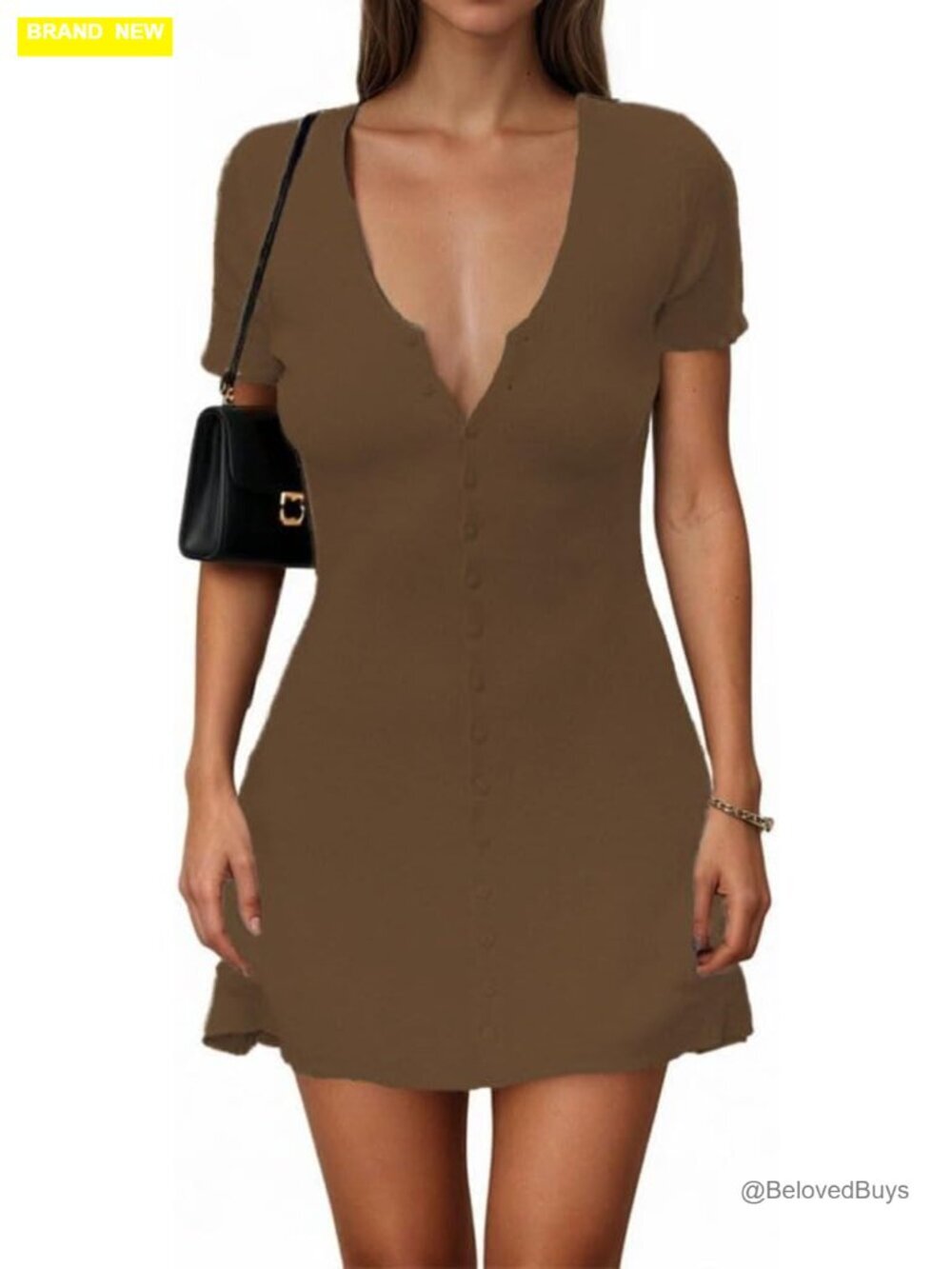 Sexy Deep V Neck Button Front Knit Mini Dress Elegant Short Sleeve Ribbed Flowy